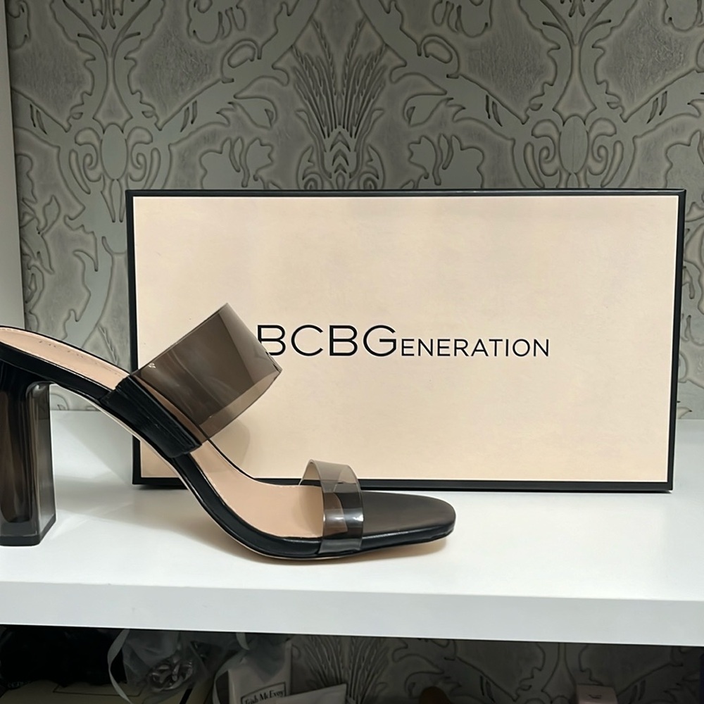 BCG generation brand, new black sandals, size 8, 4 inch  translucent heel